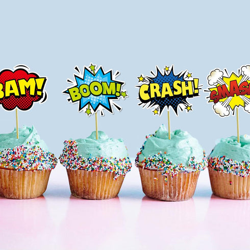 SuperHero Boom Cupcake Toppers 48 Pack Happy Birthday Cake Decor for kids Hero Theme Birthday Party Supplies Celebrating Party Events Baby Shower...