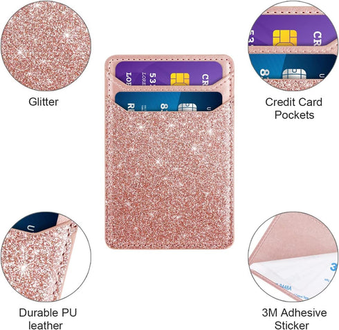 Glitter Self Adhesive Card Holders for Back of Phone, Leather RFID Phone Wallet Pockets Stick On, Credit Card Holders Sleeve for Phone Case, Rose ...