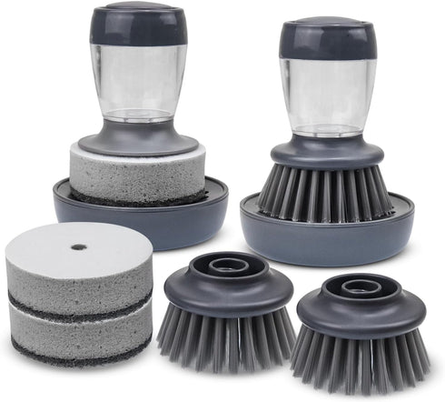 Dish Brush with Soap Dispenser, Dishwashing Heavy Duty Sponge Scrubber Refills Replacement Head, Kitchen Scouring Pad Wipes Scrub Cleaning Brush w...