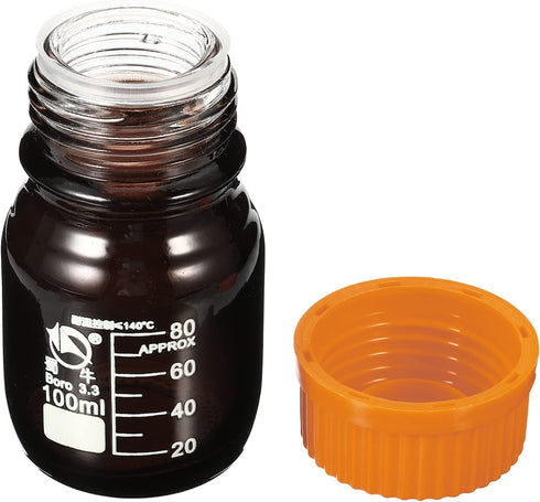 PATIKIL 100mL Reagent Media Bottle, 1Pcs Round 3.3 Borosilicate Glass Graduated Storage Bottle with Yellow Screw Cap for Chemistry Lab Universitie...