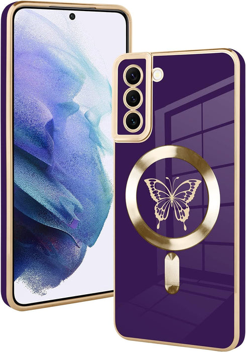 Fiyart Designed for Samsung S21 Compatible with Magnetic Wireless Charging,Cute Butterfly Phone Case with Camera Lens Protection for Women Girls M...