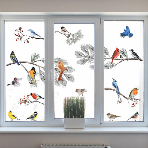 Yovkky Winter Bird Pine Tree Branch Window Clings 9 Sheet, Cardinal Bullfinch Chickadee Robin Glass Sticker Decal Snow Christmas Decor Home Kitche...