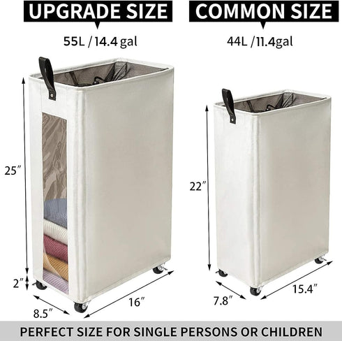 ZERO JET LAG 25 Inches Slim Laundry Storage Hamper - Large Rolling Clothes Hamper - Rolling Storage Bin - Tall Corner Basket - Clear Window Visibl...