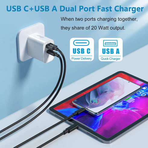 20W USB C Charger Block, Bangfun Dual Port PD 20 Watt Fast Charger Block+ Quick Fast Charge 3.0 Type C Charging Block Compatible iPhone 16/15/14/1...