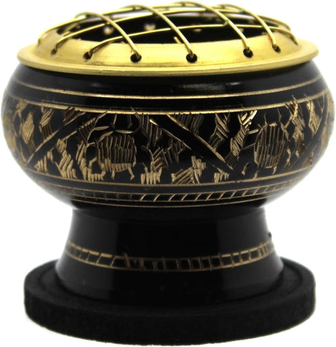 Govinda - Small Decorated Brass Charcoal Screen Incense Burner with Wooden Coaster...