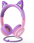 FosPower Kids Headphones with LED Light Up Cat Ears 3.5mm On Ear Audio Headphones for Kids with Laced Tangle Free Cable (Max 85dB) - Baby Pink/Lav...