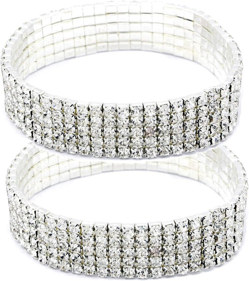 Women Rhinestone Stretch Ankle Bracelet Silver Sparking Tennis Bracelet Crystal Anklet Foot Chain Jewelry (5 Row - 2pcs)...