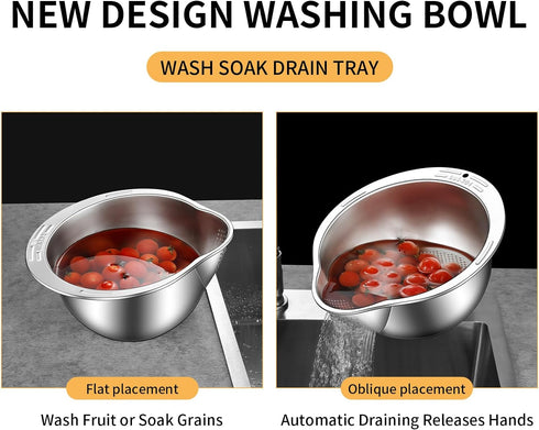 Rice Strainer and Colander Bowl With Side Drainer,Metal Rice Washer 18/8 Stainless Steel Rinser Washing Bowl For Quinoa, Fruits,Vegetables, lentil...