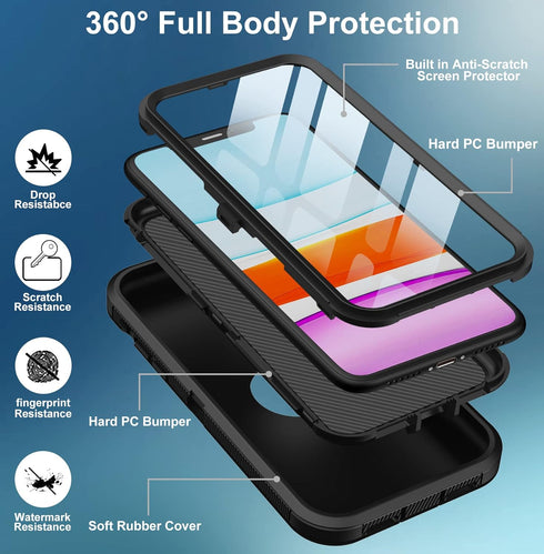 for iPhone 11 Case, with Built in Screen Protector Heavy Duty Drop Protection, Full Body Rugged Shockproof Dust Proof 3- Layer Tough Protective Ph...