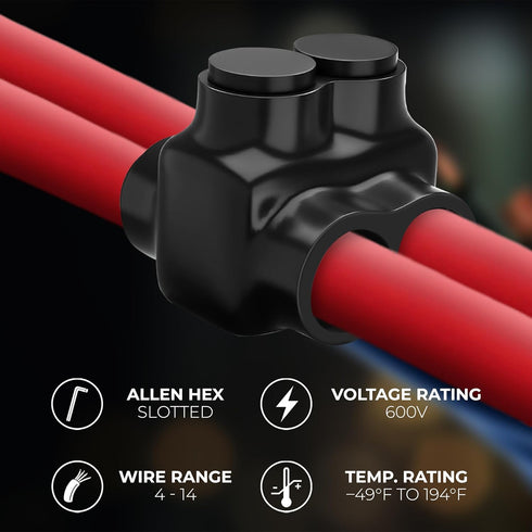 OhLectric Multi Cable Connectors with 2 Port 4-14 Wire Range - Dual Entry Splice Electrical Power Connector - Black Insulated Vinyl Coated Wire Co...