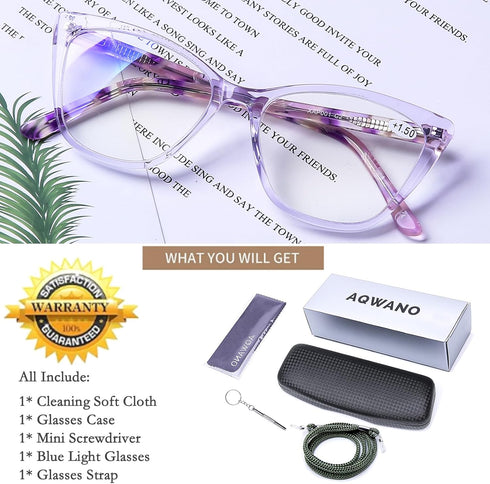 AQWANO Cat Eye Reading Glasses Blue Light Blocking Computer Readers for Women Anti Glare UV Ray Filter Eyeglasses,Purple 2.25...
