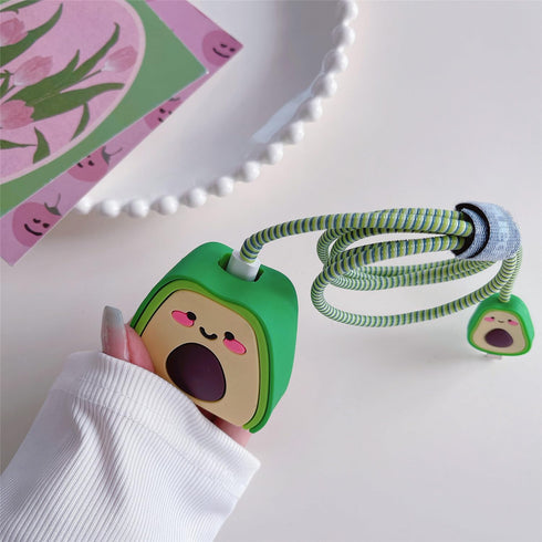 3D Cute Cartoon Charger Protector Case - Compatible for Apple 20W USB-C Power Adapter and Lightning Cable (Green Avocado)...