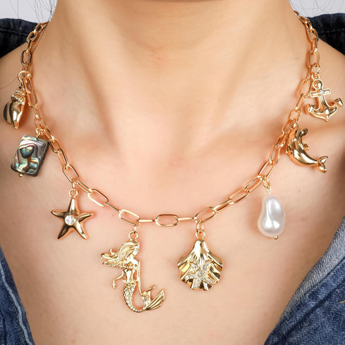 Gold Ocean Charm Necklace for Women Hawaii Chain Necklace with Cute Dangle Mermaid Shell Pearl Starfish Conch Dolphin Ship Anchor Sea Pendant Adju...