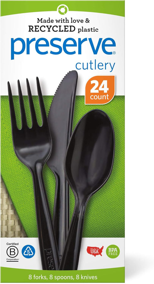 Preserve Recycled Plastic Cutlery Made in USA, 24 Count (8 Forks, 8 Knives, 8 Spoons), Black...