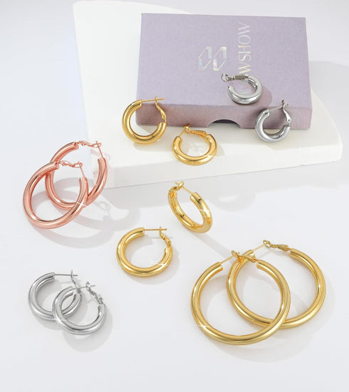 wowshow Gold Hoop Earrings for Women Chunky Hoops 14K Gold Plated Thick Hollow Tube Lightweight Earrings for Mother's Day Birthday Gifts 20/25/30/...