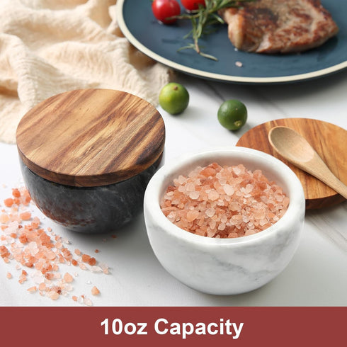 white Marble Base Wood Cover Salt Box with spoon Large Solid Natural Acacia lid white Marble base Elegant Design Decorative Boxes Big Capacity Sal...