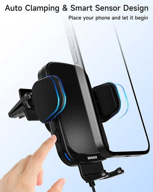 ZOOAUX Wireless Car Charger Vent Mount, 15W Fast Charging Auto-Clamping Car Mount, Air Vent Car Phone Holder for iPhone 15/15 Pro/14/13 Pro/XS/XR/...