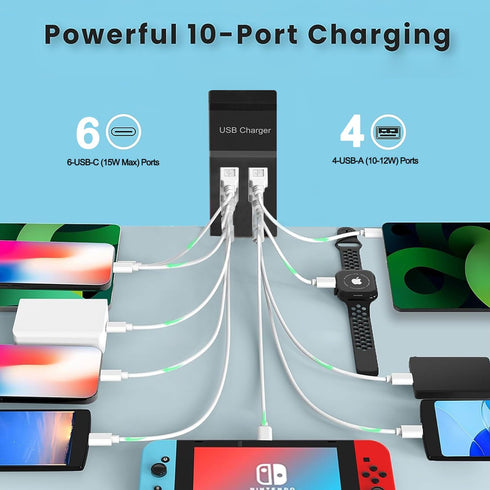 USB C Charger,10 Ports USB Charger Station with 6 Ports USB-C Charger, Desktop 50W Multi Port USB Charger Compatible with iPhone/Huawei/LG/Google ...