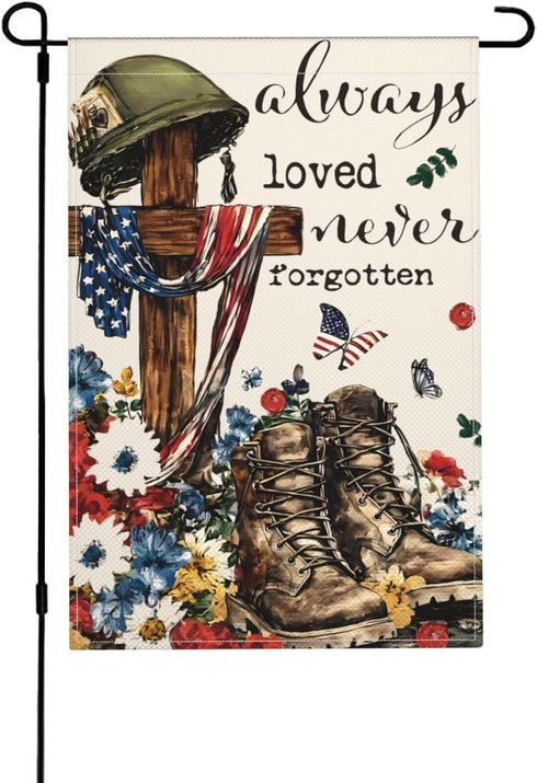 American Flag Soldiers Boots Garden Flags 12 x 18 Inch Double Sided 4th of July Garden Flag Burlap Memorial Day Patriotic Always Remember Never Fo...