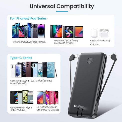 Portable Charger with Built-in Cables & AC Wall Plug,Ultra Slim 13800mAh USB-C Power Bank, 4 Output LCD Display External Battery Pack Phone Charge...