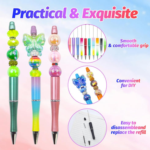 150 Pieces DIY Beadable Pens Kit - 50 plastic Beadable Pens Bulk, Refills & pen bags Included - Beaded Pens Black Ink Ballpoint Cute Pens for Stud...