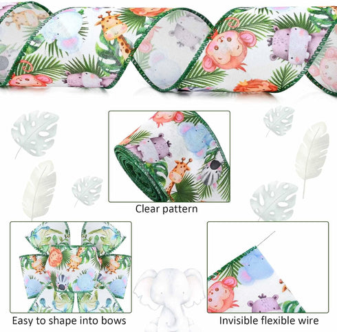 4Rolls 20 Yards Jungle Animal Themed Wired Edge Ribbon 2.5 Inch Forest Printed Burlap Ribbon Green Leaf Ribbon Cute Animal Print Ribbon for Birthd...