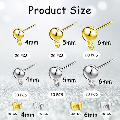 240 Pcs Ball Post Earring Studs with 3 Size Round Ball Earring Posts and 2 Size Butterfly Earring Backs, for Jewelry DIY Earring Making...