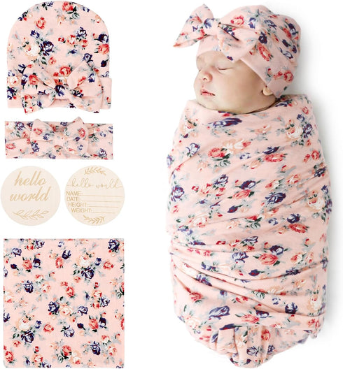 BQUBO Baby Girl Newborn Receiving Blanket with Bow Hat Headband Wooden Birth Announcement Card Set Baby Floral Print Nursery Swaddle Wrap...