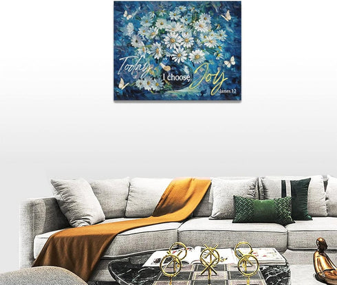 Farmhouse Navy Blue Daisy Flower Decor Wall Art Rustic Floral Butterfly Today I Choose Joy Pictures Wall Decor Canvas Painting Prints Artwork Deco...