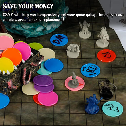 DND Wet & Dry Erase Tokens Set of 100 Colorful Blank Counters - 1.5" Customizable & Reusable Game Discs for Dungeons & Dragons, MTG, Bingo Clips a...