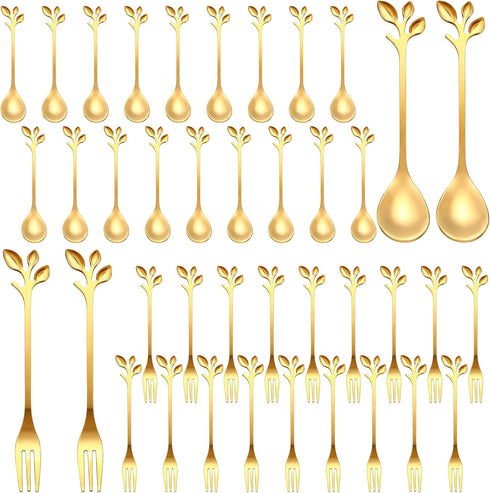 Stainless Steel Leaf Coffee Spoon and Appetizer Fork Tableware Dessert Spoon Mini Dessert Utensils Set Creative Demitasse Spoons and Forks for Sti...