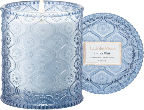 LA JOLIE MUSE Lemon Candle Citrus Mint Scented Candles, Candles for Home Scented, Gifts for Women & Men, Natural Soy Blue Candle, 6 Oz 40 Hour Bur...