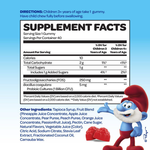 The Smurfs Kids Probiotic Gummies with 1 Billion CFU Probiotics & Prebiotics Chewable Probiotic Kids for Digestive Support, Healthy Gut & Immune H...