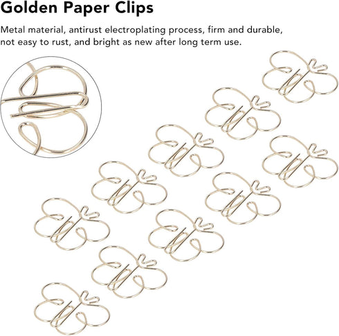 50pcs Cute Paper Clips, Golden Butterflies Paper Clips Electroplating Process Anti Rust Animal Shapes Paper Clips Antislip Small Paper Clips...