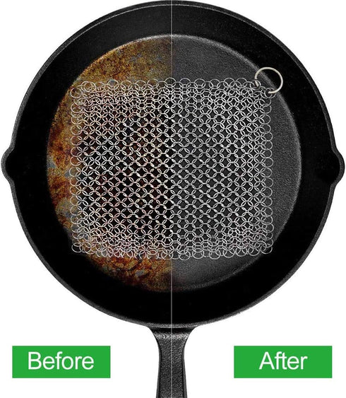 Cast Iron Cleaner 8’’x6’’ 316L Stainless Steel Chain Scrubber for Cast Iron Pan Pot Dutch Ovens Skillet Grill Cleaning...