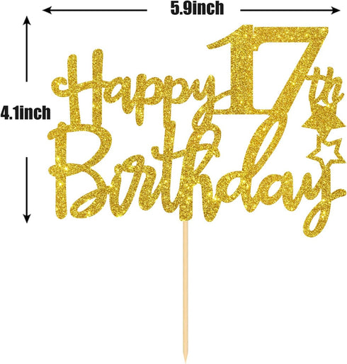 Gold Glitter Happy 17th Birthday Cake Topper - 17 Cake Topper - 17th Birthday Party Supplies - 17th Birthday Party Decorations...