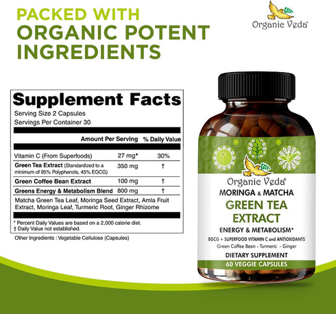 Organic Veda Moringa & Matcha Green Tea Extract Supplement with ECGC, Vitamin C & Antioxidant - Energy Boost & Metabolism Support Moringa Capsules...