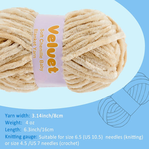 Velvet Yarn Chenille Yarn for Crocheting and Knitting Soft Chenille Bulky Baby Blanket Yarn DIY Weaving Craft 2pack Beige(4oz 164yds Each)......