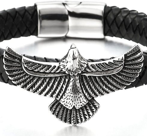 COOLSTEELANDBEYOND Rock Punk Stainless Steel Flying Eagle Bangle Bracelet Black Braided Leather Wristband for Men...