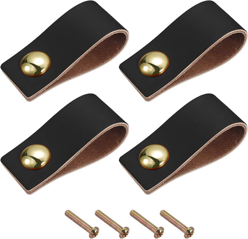 uxcell Leather Drawer Pulls, 2.5" 4Pcs Leather Furniture Handles Drawer Knobs Pulls with Screws for Dressers Drawers Cabinet Doors, Black/Gold/Gol...