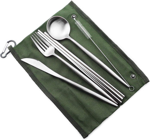 Reusable Travel Utensils, 7 Pieces Portable 18/10 Stainless Steel include Knife Fork Spoon Chopsticks Cleaning Brush Straws Portable Pouch, Eco-fr...
