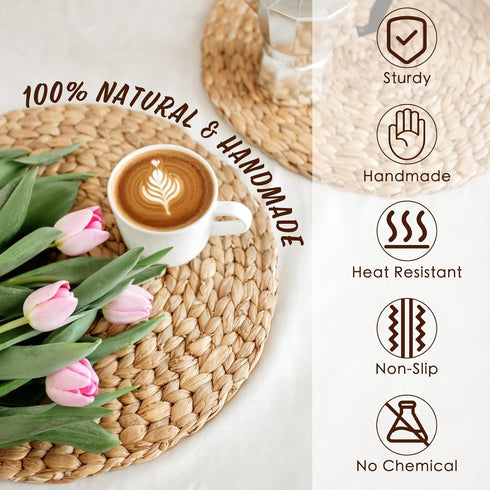 kilofly Natural Water Hyacinth Weave Placemat Round Braided Rattan Tablemats 11.8 inch x 2pc...