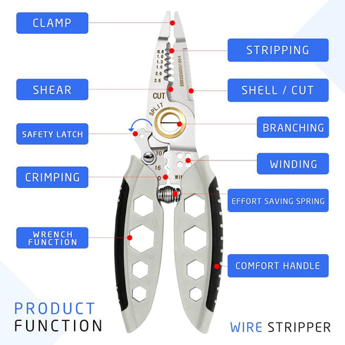 Wire Stripper Cutter Crimper Hexagonal Wrench Tool - 7 Inch, Professional Electrical Multi-Function Hand Tool, 9 in 1 Wire Stripping, Cutting, Cri...
