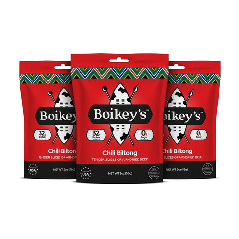 Boikeys Biltong South African Style Beef Jerky - Chili Flavor - Gluten Free - Zero Sugar Keto Friendly - 32g Protein - Premium Round Roast Beef Cu...