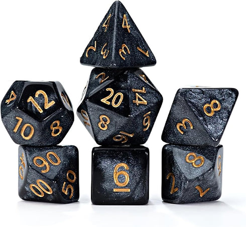Gate Keeper Games and Dice: Mercurial Dice: Black Hole - 7pc RPG Set, Deep Shimmering Black Resin & Gold Numerals, Resin Dice for Role Playing Gam...
