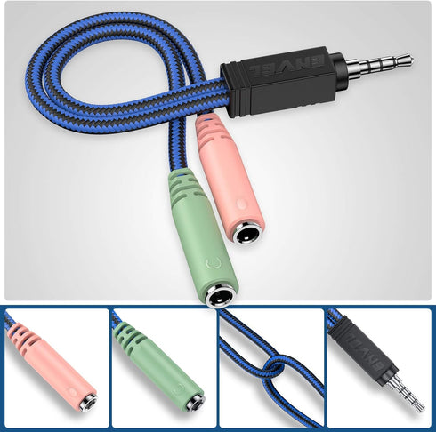 ENVEL Headset Y Adapter 2 Female to 1 Male 3.5mm Jack Cable with Separate Mic and Audio Headphone Connector Mutual Convertors for Gaming Headset, ...