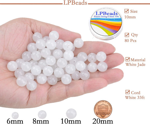 LPBeads 80Pcs Polished 10mm Round Natural White Jade Gemstone Loose Beads with Stretch Cord for Jewelry Making Bracelets...