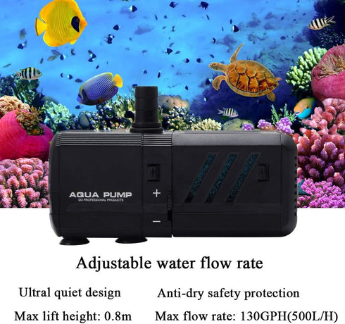 MQ 130GPH Submersible Water Pump (500L/H, 6W) with Filters and Water Nozzles, Ultra Quiet for Aquarium, Fish Tank, Pond, Fountain, Hydroponics...