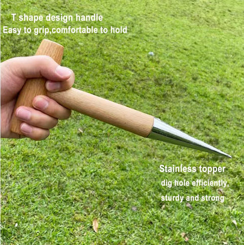 Hand Dibber Stainless Steel Sow Dibbler with Wooden Handle Garden Hole Punch Dibbler Tool for Planting Flowers Tulips, Transplanting Plants,Transp...
