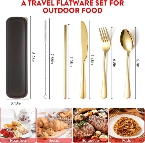 Gold Travel Utensils, Stainless Steel Knives Forks and Spoons Silverware Set, Portable Camping Utensils Set, Set of 7 Gold Utensils Set for School...